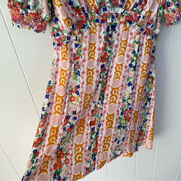 Saloni Lea Smocked Floral Print Crepe Mini Dress Sz. 2 White Orange Pink V Neck - Picture 9 of 16